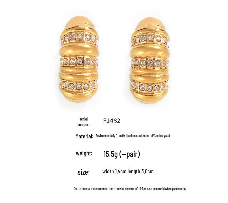 European-American Textured Design Earrings: Creative Diamond-Inlaid 18K Gold Plated Titanium Steel