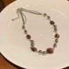 Vintage Leather Brown Stone Pendant Necklace Women'S Retro Stacking Choker Temperament Clavicle Chain Hip Hop Jewelry Accessory