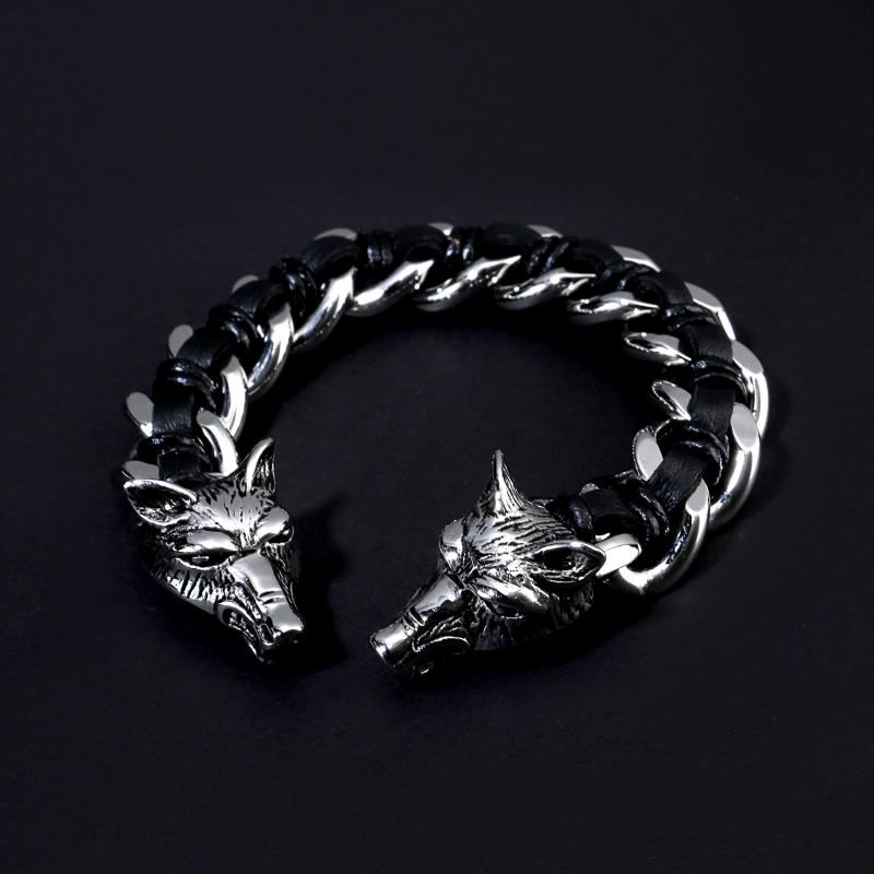 Titanium Steel Wolf Head Bracelet Men Black Gunmetal Finish Leather Woven Band Vintage Style Biker Accessory