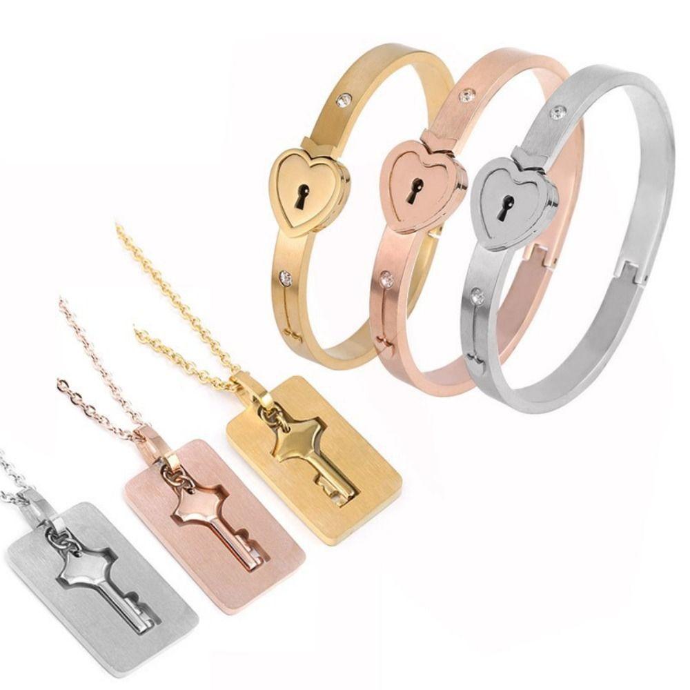 Gold Silver Heart Lock Bracelets Stainless Steel Key Pendant Necklace Women Men