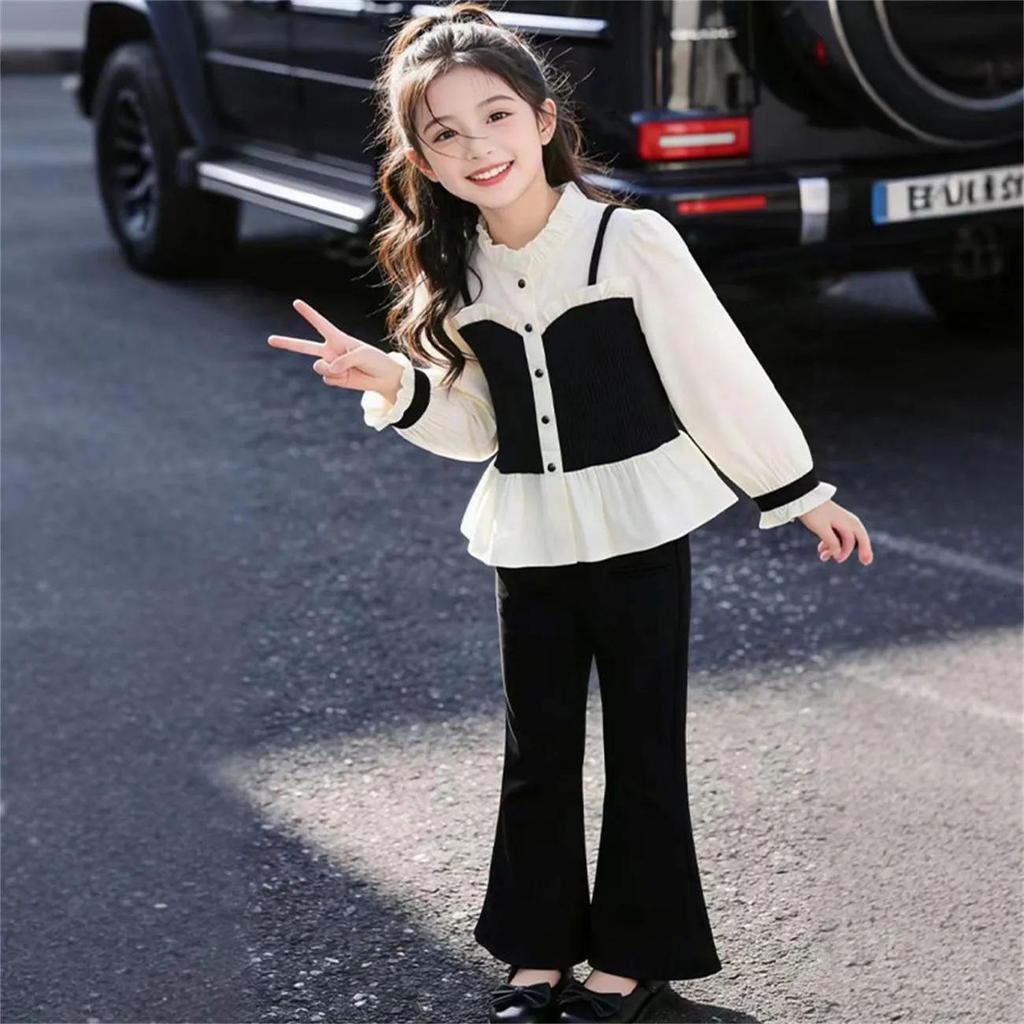 Korean Style Little Coco Shirt & Flare Pants Set for Girls - Spring Casual Fashion.