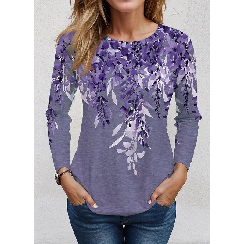 Long Sleeve Floral Pattern Women Casual T-Shirts Spring Autumn 3D Flower Print Retro Style Female Plus Size O-Neck Tops