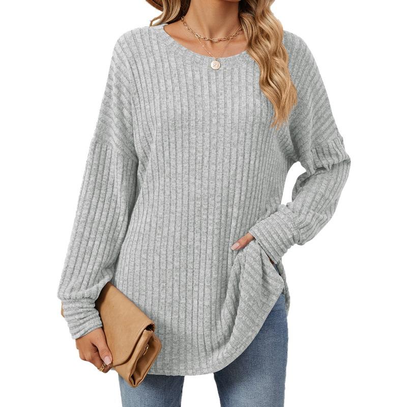 Herbst und Winter Damen Bluse Langarm Loose Rundhals Pit-Stripe Milled Tops