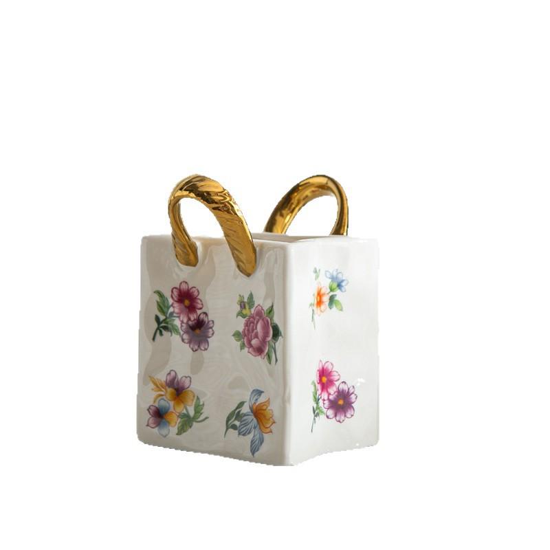 CeramicTote Bag Desktop Storage Container Pen Holder Makeup Brush Diningware Storage Box Retro Floral Handbag Home Decoration