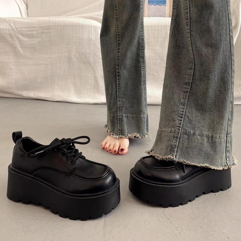 Fashion Women's Thick Soled 7CM Leather Shoes New British Lacing Non-slip Punk Loafers Versatile Retro Platform Casual Heighten Shoes