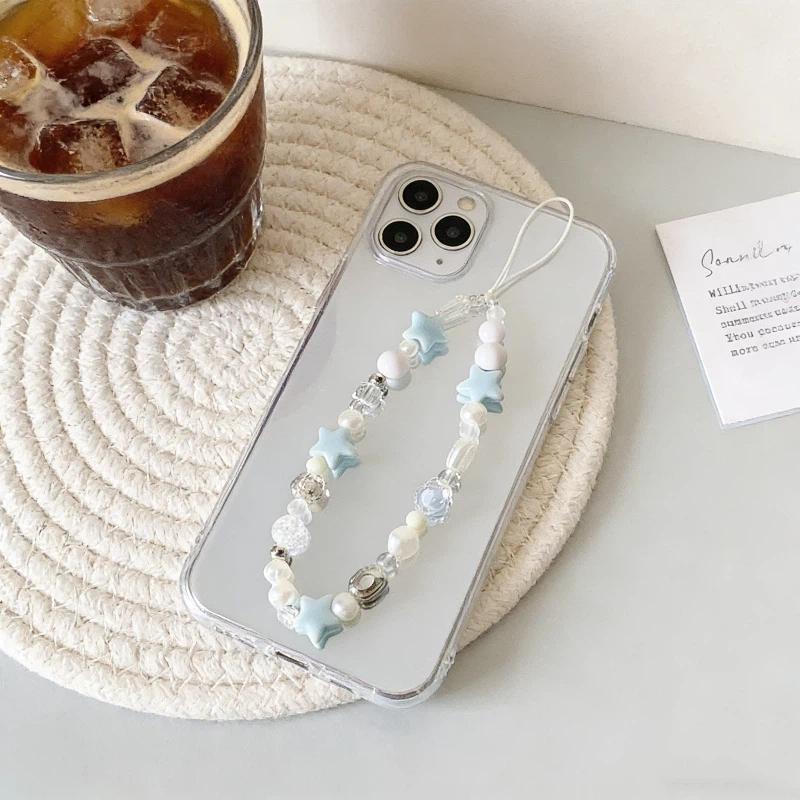 Blue Star Pearl Lanyard For Mobile Phone Fashion Pendant Universal Accessory For iPhone Hand Chain Suitable For Girls Fresh Cute