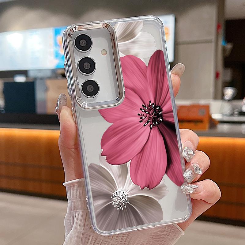 Floral Pattern Case For Samsung S26 S25 Ultra S24 FE S23 Plus S22 S21 A15 A16 A17 A35 A36 A37 A54 A55 A56 A57 5G Plating Lens Soft Cover