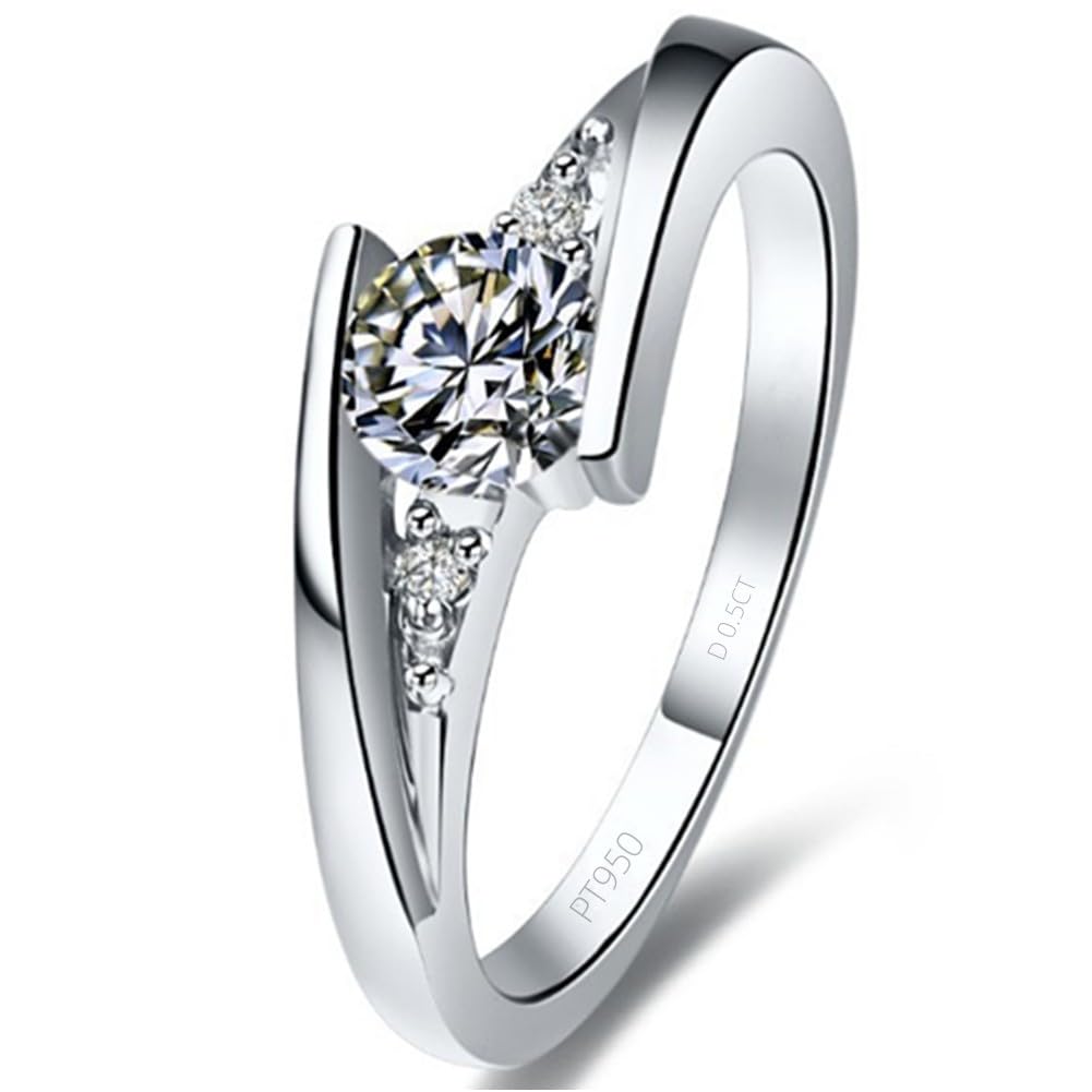 [THREE MAN] Pure Silver Wedding Ring, Women's Engagement Ring, 0.5CT Simulated Diamond, Platinum Jewelry, Beautiful Case Gift for Girls, Stamped PT950