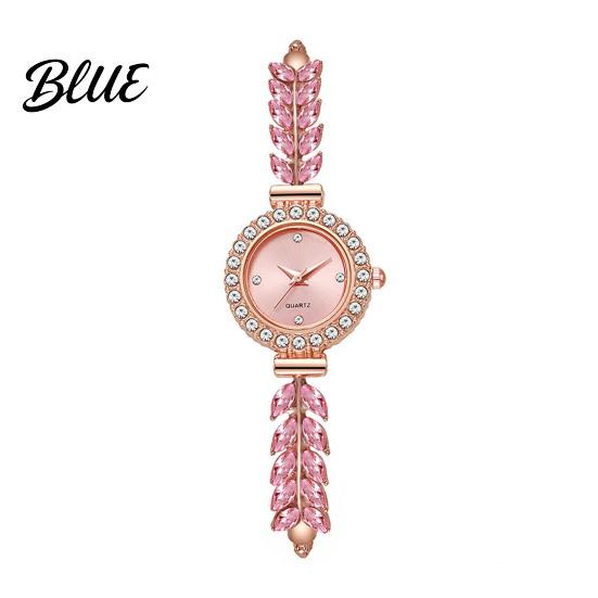 Quartz Movement Watch Women Rhinestone Leaf Round Dial Ladies Casual