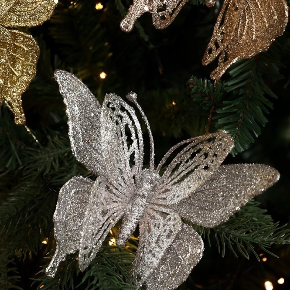 Glitter Butterfly Christmas Flower Simulated Sequins Christmas Tree Decoration Exquisite Flocking Artificial Butterfly Clip