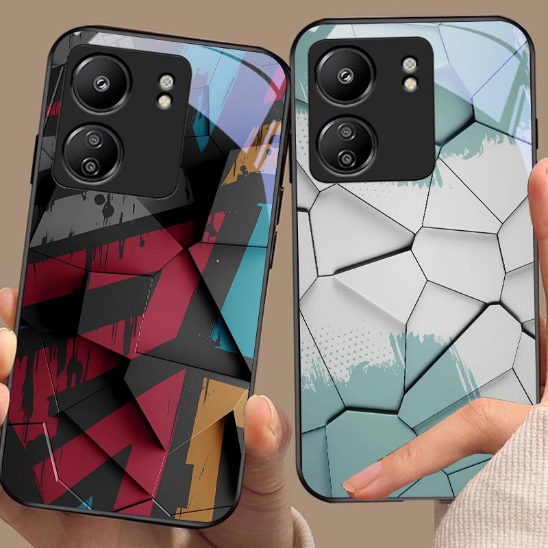 Geometrisches Muster Für Xiaomi Redmi 13C Note13 12 Pro Plus 5G Note 9 13T Pro POCO X6 F5 F6 Schwarze Handyhülle aus gehärtetem Glas