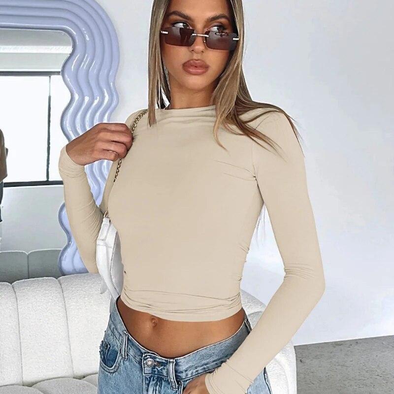 Fashion Y2K Casual Long Sleeve Tshirts Woman Round Neck Elegant Slim Fit T-shirt Women Tops Solid Skinny Office Lady Tees 30634
