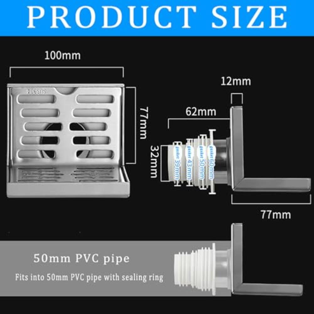 Wall Mounted L Shaped Floor Drain In 304 Stainless Steel for Terrace and Side Drain Applications with Pipe Compatibility