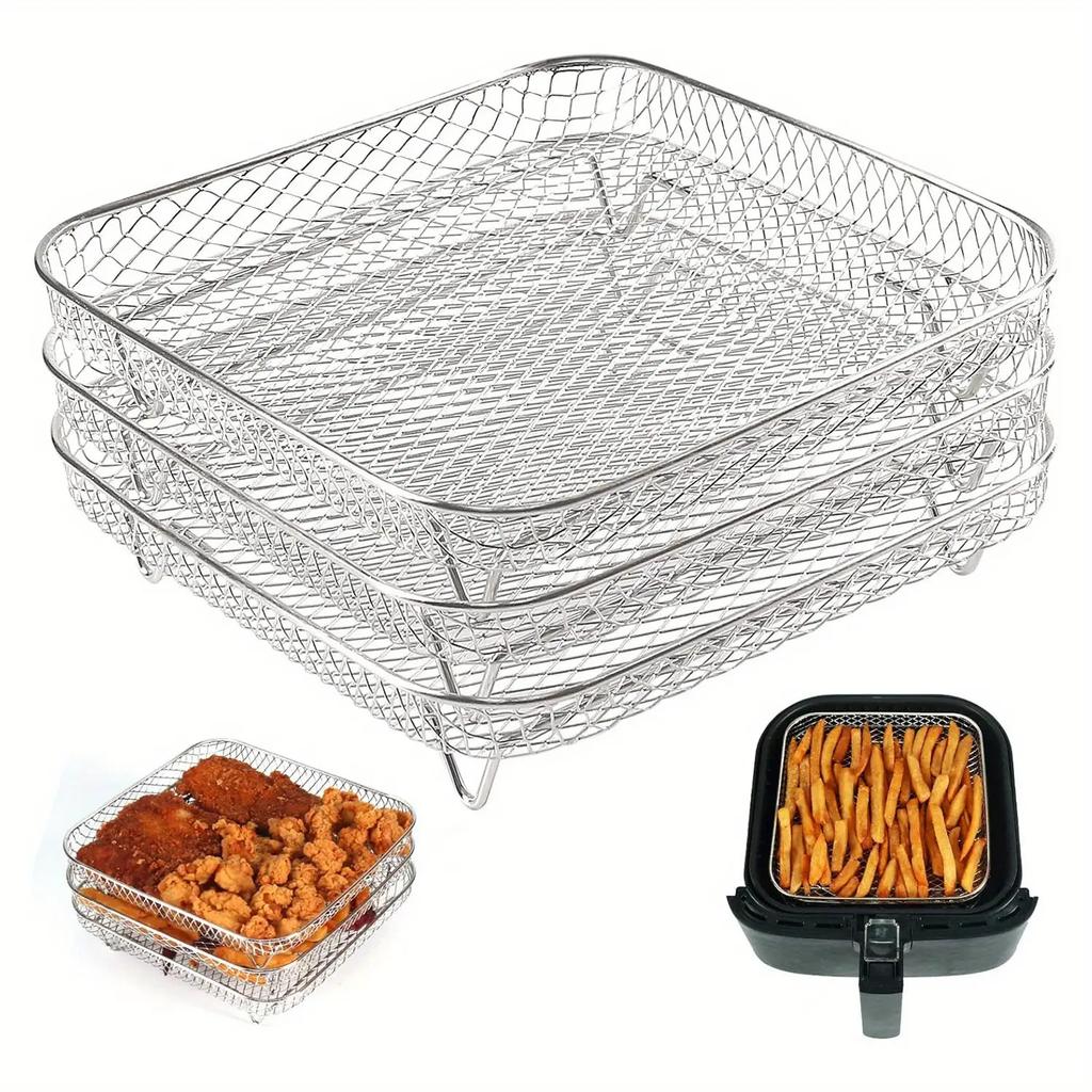 3pcs/set Stainless Steel Air Fryer Accessories Set - Stackable, Suitable for Oven and Deep Fryer, Kitchen Accessories,grill
