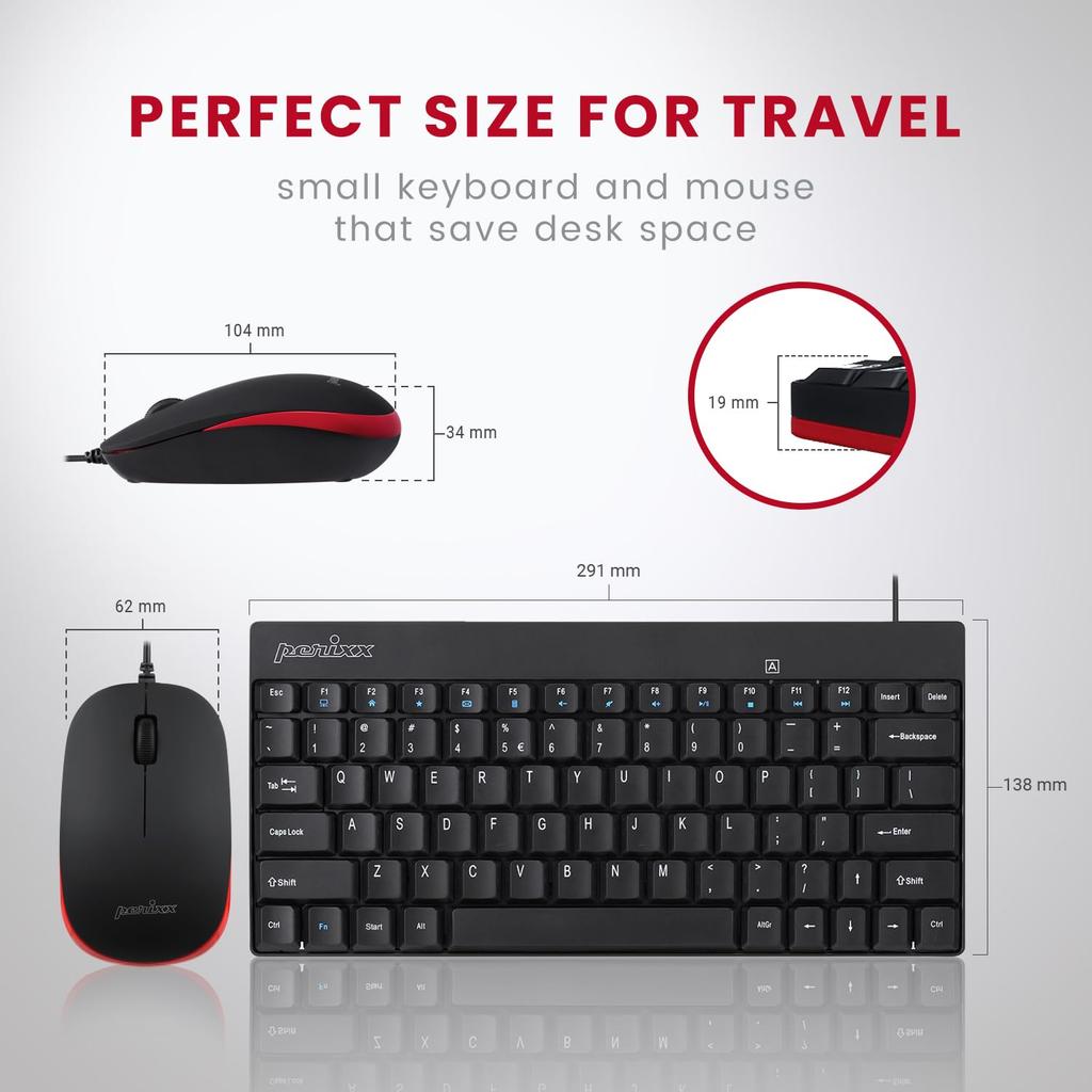 Perixx Mini Keyboard and Mouse Set USB Black Wired English Layout PERIDUO-212BUS