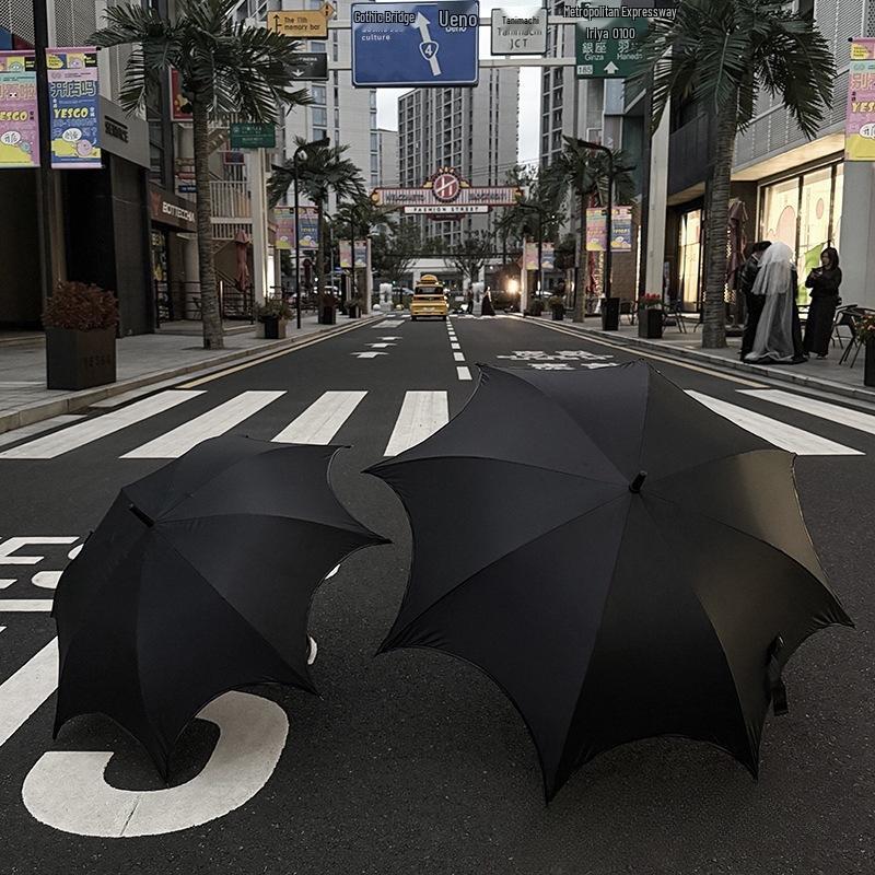 Gothic Long-Handle Women's Automatic Umbrella - Rain or Shine, Black Sun Protection, Dark Subculture Style