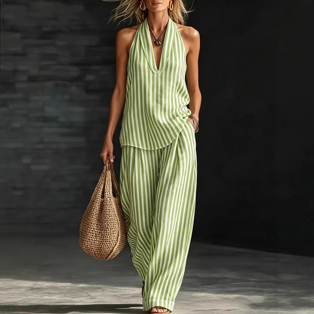 Women's Loose Fit Striped Halter Neck Sleeveless Two-Piece Outfit Set Tank Top and Wide Leg Pants