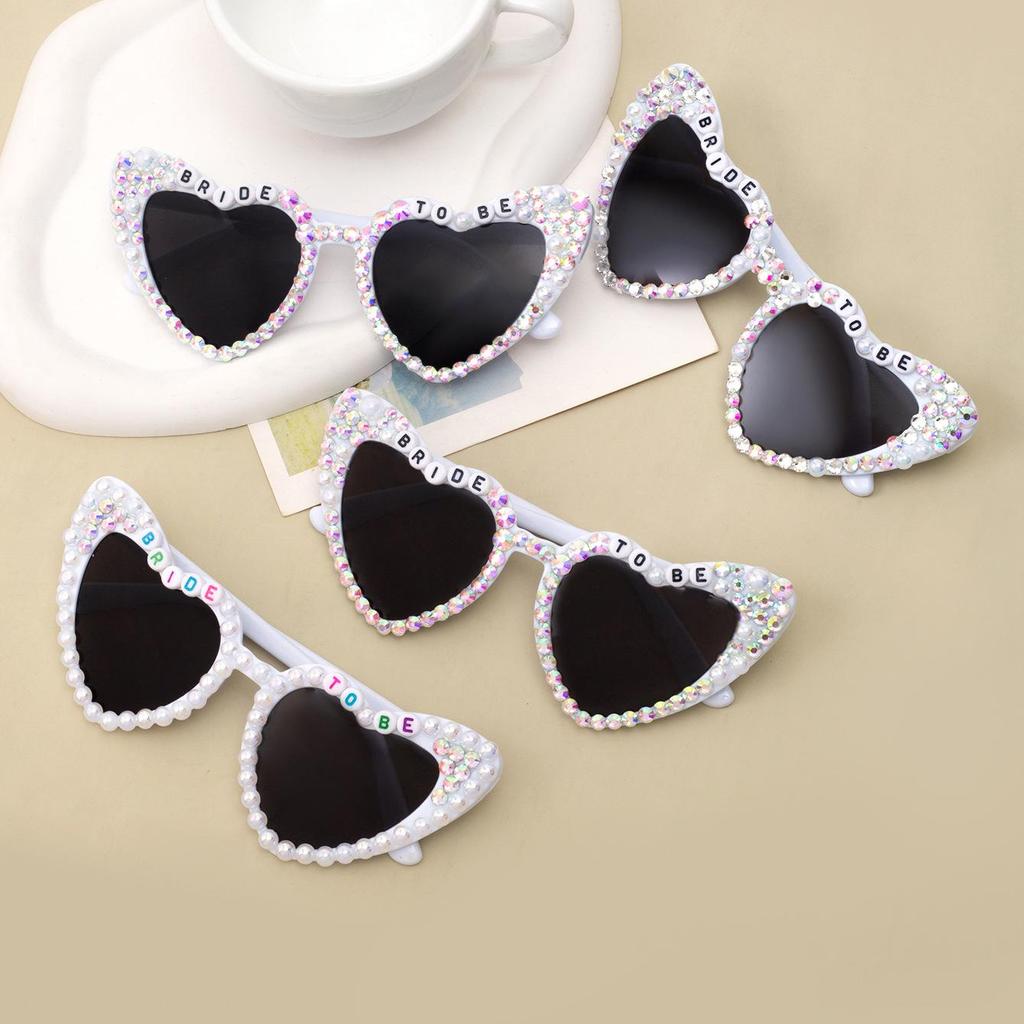 Heart-shaped Rhinestone Wedding Sunglasses for Bride - Pearl Bridal Party Glasses (White)