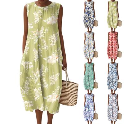 Abito da donna casual alla moda senza maniche con scollo rotondo, floreale, elegante, con temperamento