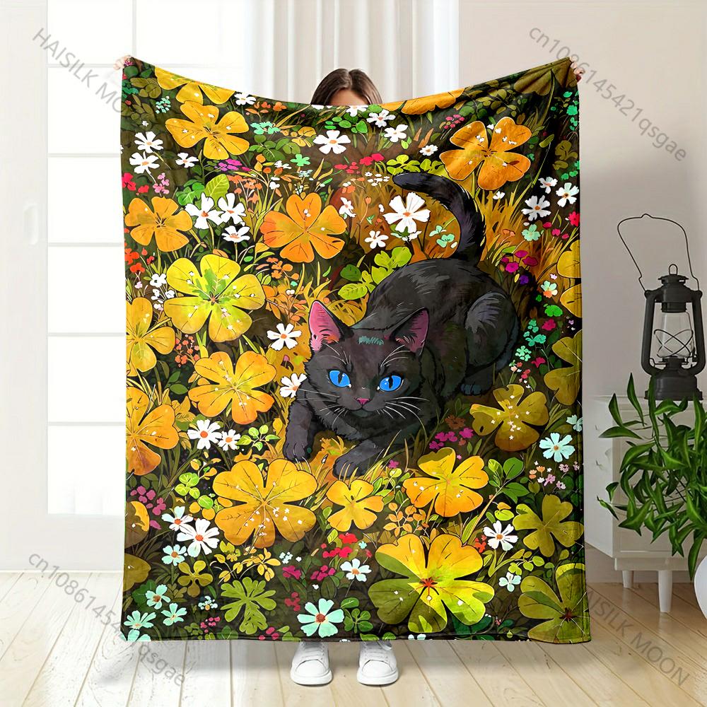 Black cat blue eyes flower meadow Print Blanket Warm Soft Fluffy Kids Adult Sofa Bed Throw Blanket Outdoor Travel Camping RV 75X95CM