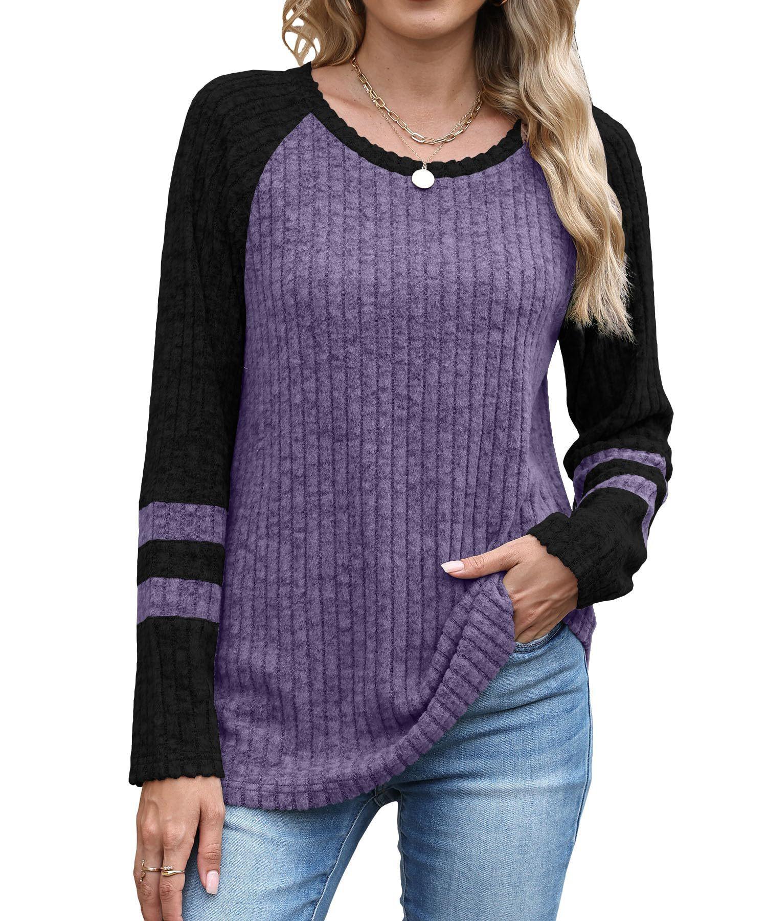 

A New Autumn Fashion Long-sleeved Color-blocking Sweater with A Round Neck and A Base Layer Top XXL фіолетовий