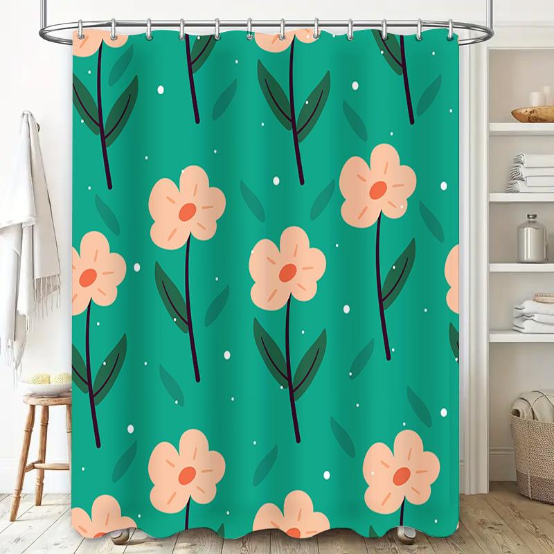 Green Bath Curtain with Flower Print for Bathroom Decor Waterproof Shower Cloth Fabric Home Accessories