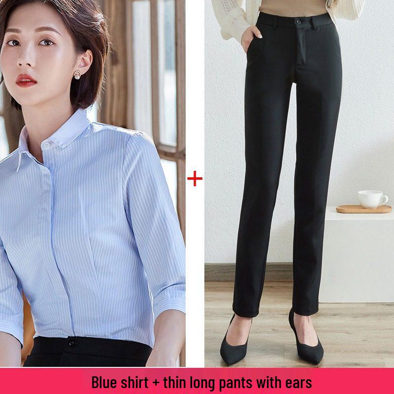 Women's Blue Striped Slim-Fit Work Shirt with Mid-Length Sleeves for Spring/Summer