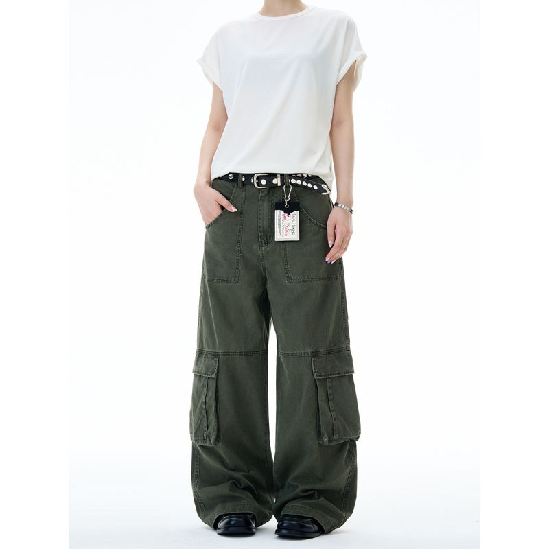Madwitch American Retro Loose Straight-Leg Multi-Pocket Cargo Pants for Men and Women Vintage Washed Pants