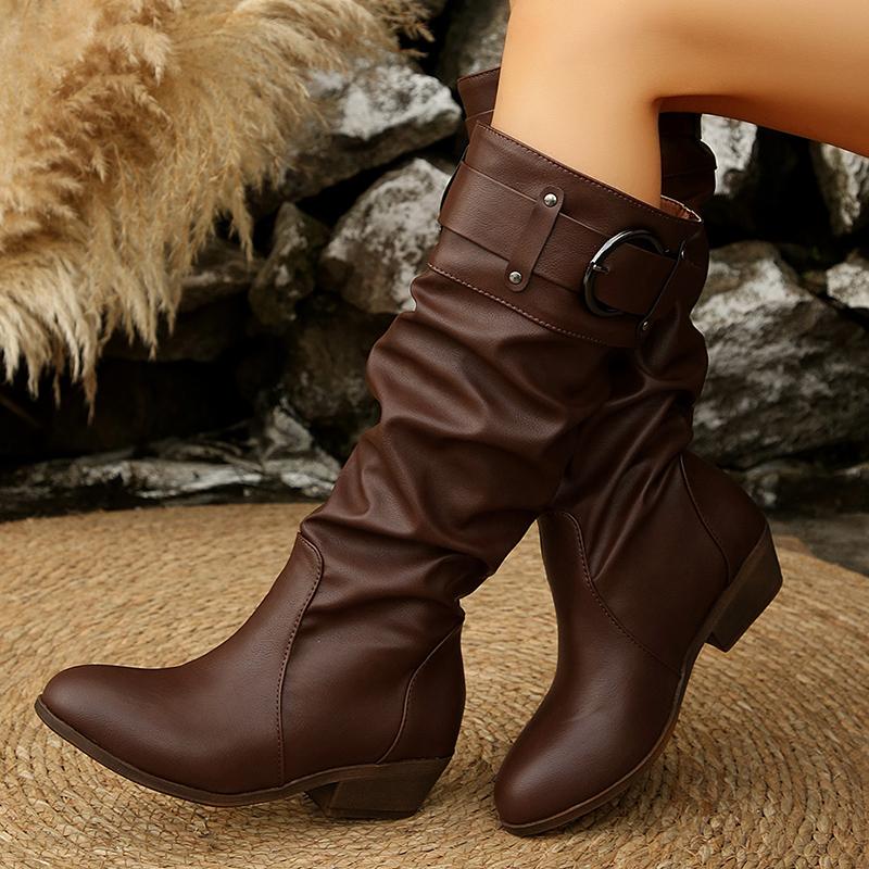 Pleated Pu Leather Knee High Boots Women Vintage Belt Buckle Thick Heel Long Boots Woman Plus Size 36-43 Slip On Western Shoes