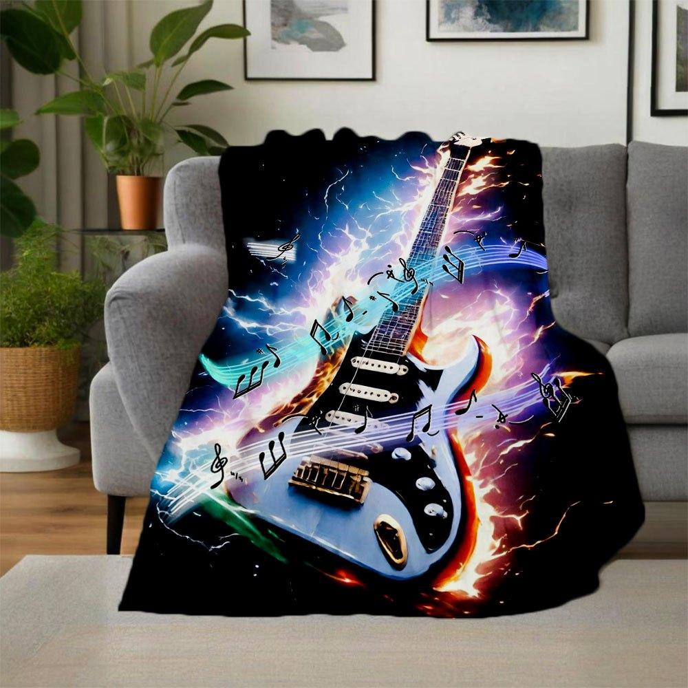 Electric Guitar Music Notes Flame Art Print PosterBlanket Flannel Throw Blanket for Sofa, Bed, Travel, Camping, Office