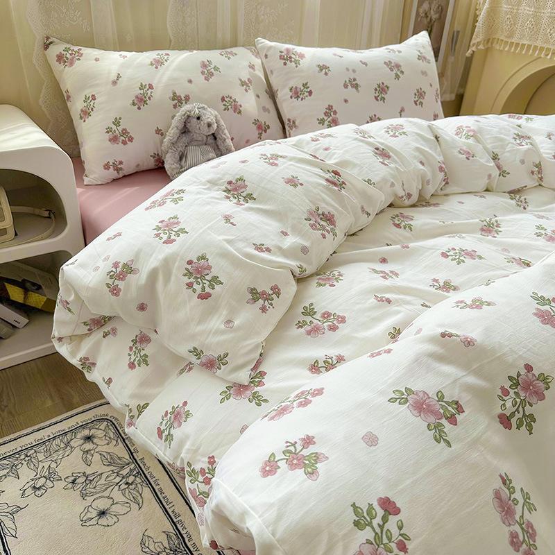 Washed Cotton 4Pcs Dormitory Small Fresh Naked Sleeping 3Pcs Double-Layer Yarn Bed Sheet Quilt Cover