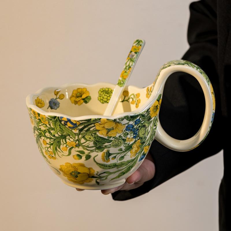 Ceramic Mug Handle Cup With Spoon Breakfast Cup Oatmeal Bowl Heated Milk Blooming Coffee Cup Saucer Bowl