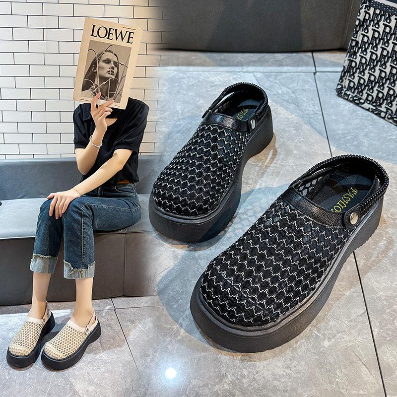 Half Slippers Woven Two Wear Cool Slippers 2025 Summer New Thick Sole Heightened Hollow Breathable Bag Head Sandals Women's Shoes