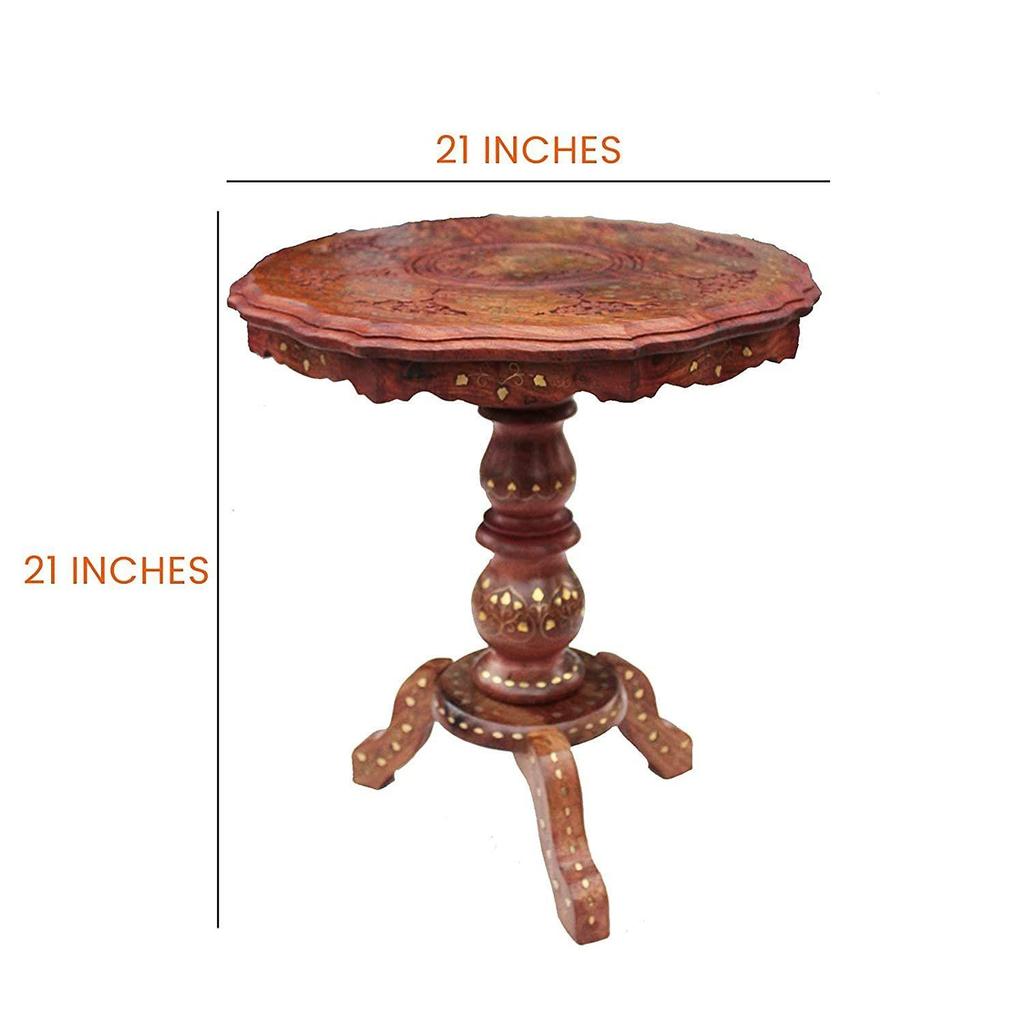 Sheesham Wooden Side Table with Brass Carving – 21x21 Inch Round Coffee Table, Handcrafted Living Room & Outdoor Accent Table