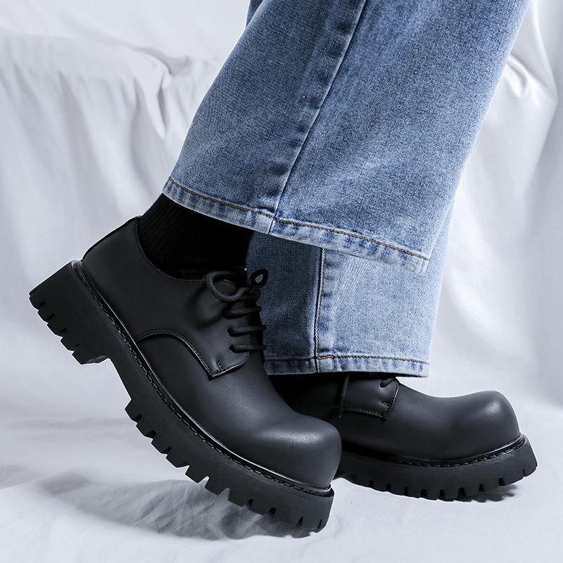 Retro derby boty na silné platformě pro zvýšení výšky pánské podzimní boty s velkou špičkou pracovní boty nízké velké žluté boty s kulatou špičkou kožené boty 1035-M