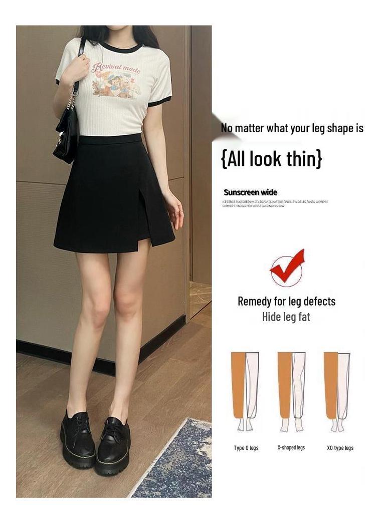 Kadınlar İçin 2024 Siyah Yüksek Bel A Kesim Etek Açık Bacak Yırtmaçlı