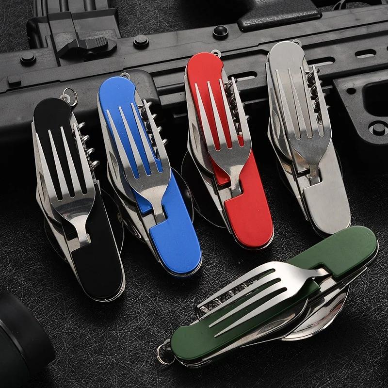 Posate Pieghevoli 4-in-1 Staccabili in Acciaio Inossidabile Coltello Forchetta Cucchiaio Apribottiglie Stoviglie Portatili Utensili da Campeggio Viaggio All'aperto