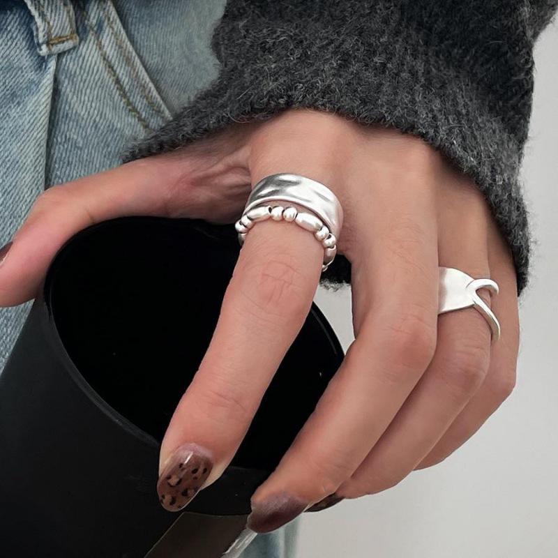 Double Layer Beaded Geometric Adjustable Open Ring for Women - Trendy, Irregular Wide Edge Design