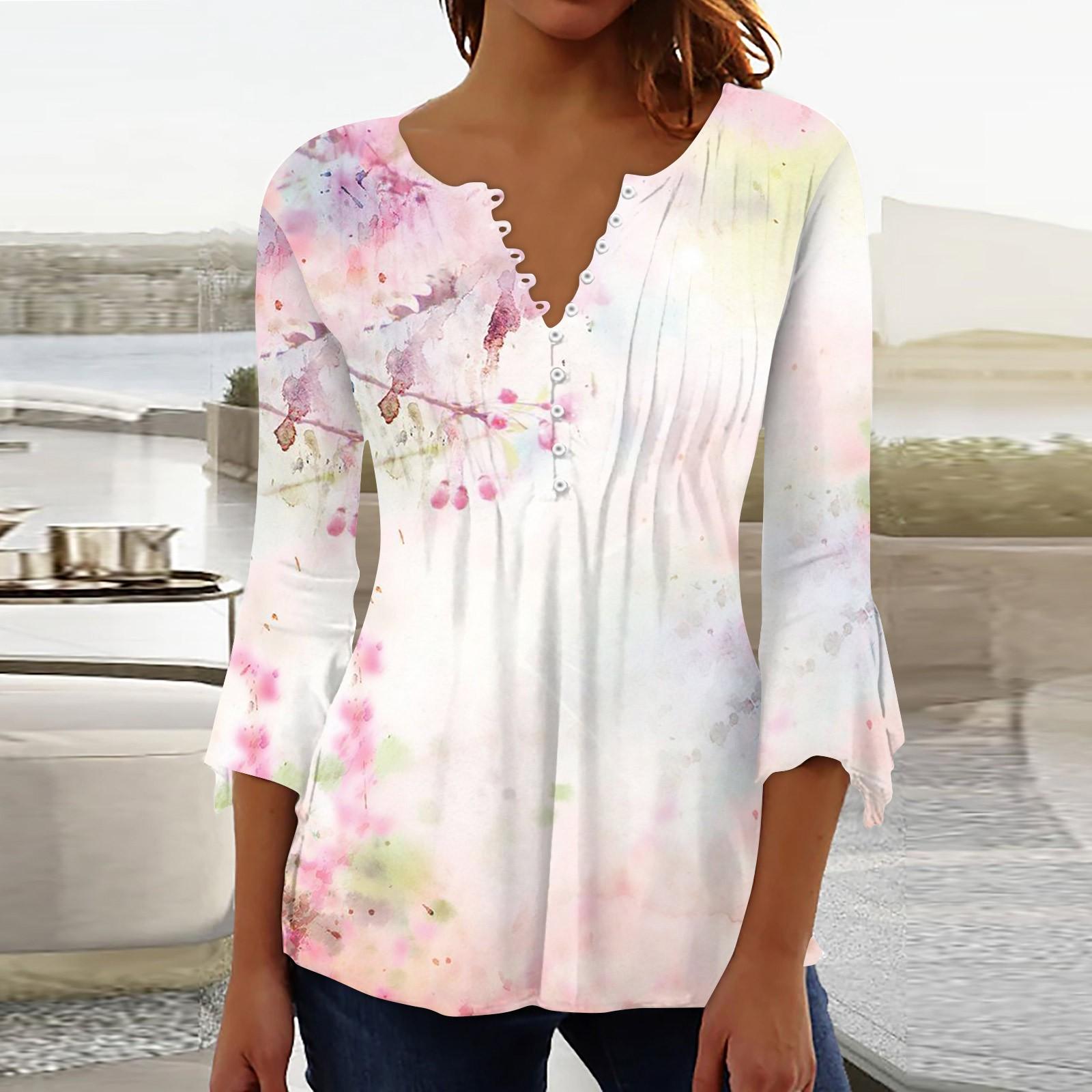 

Рубашки на пуговицах для женщин, туника с цветочным принтом, летние топы, нарядные повседневные весенние блузки с рукавом 3/4 и v-образным вырезом XL