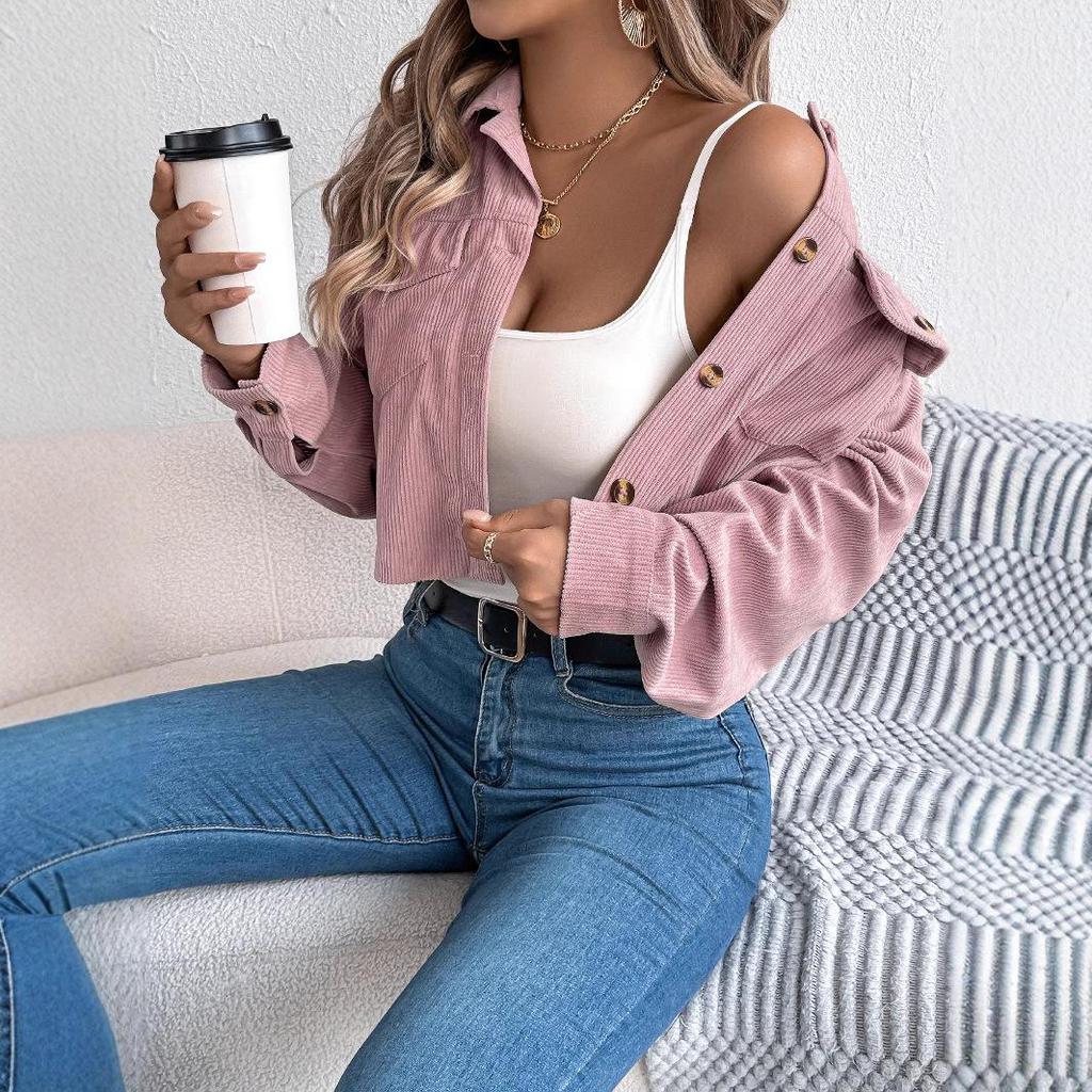 Autumn and Winter Casual Pocket Long-sleeved Short Jacket for Women's Wear