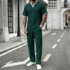V-neck Waffle Short-Sleeve T-shirt & Long Pants Men's Streetwear Sports Set