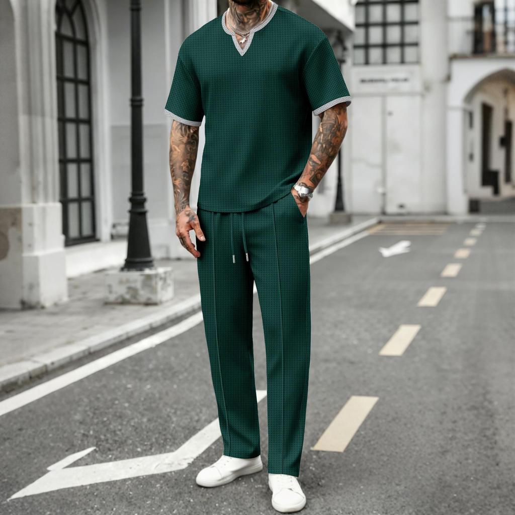 V-neck Waffle Short-Sleeve T-shirt & Long Pants Men's Streetwear Sports Set