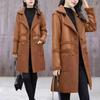 Winter mittellange samtverdickte Anzugkragen Reversible lose PU-Lederjacke für Damen