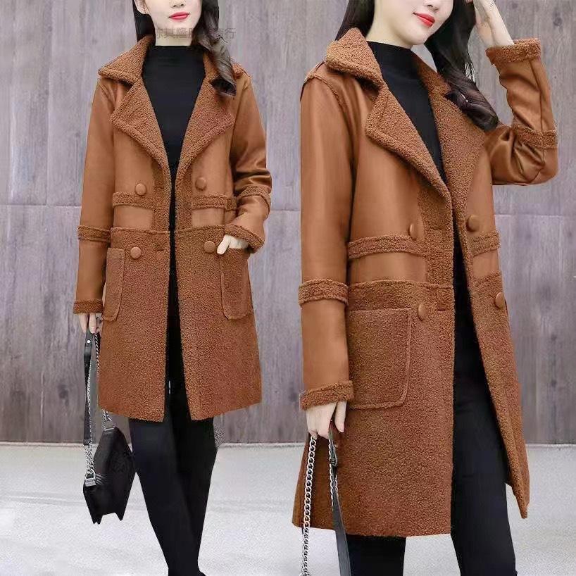 Winter mittellange samtverdickte Anzugkragen Reversible lose PU-Lederjacke für Damen