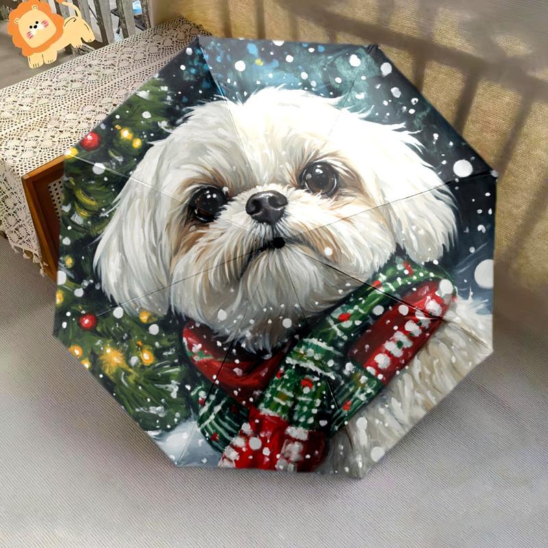 1 Stück Automatischer Faltregenschirm - Winter-Hundemuster, Tragbares & Faltbares Design mit 8 Speichen, Weihnachts-Geburtstagsgeschenke