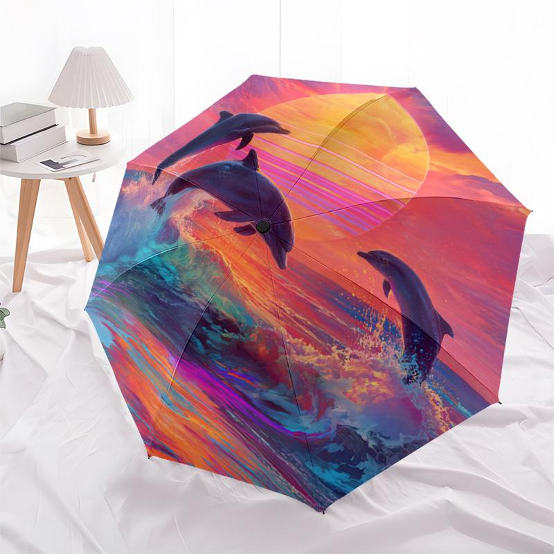 1 Pezzo Ombrello Pieghevole Automatico - Fantasia Delfini, Design Portatile e Pieghevole con 8 Stecche, Regali di Natale e Compleanno