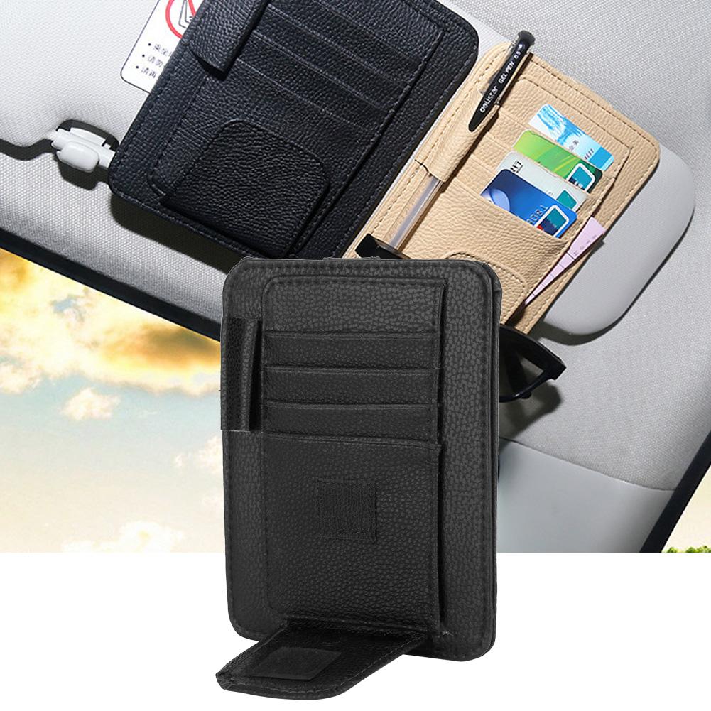 Car Sun Visor Card Bill Holder Organizer PU Leather Storage Bag Glasses Clip(Black)