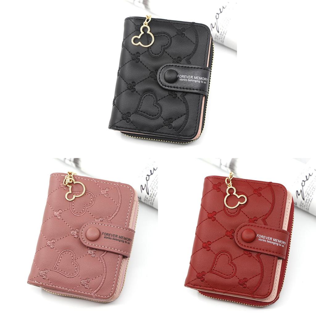 Pu Material Ladies Short Zipper Wallet With Heart Embellishments For Daily Use
