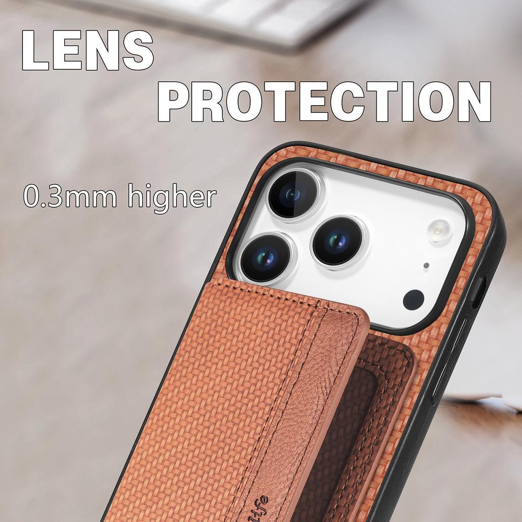 For iPhone 17 Pro Case RFID Blocking Carbon Fiber Leather Phone Back Cover with Card Holder