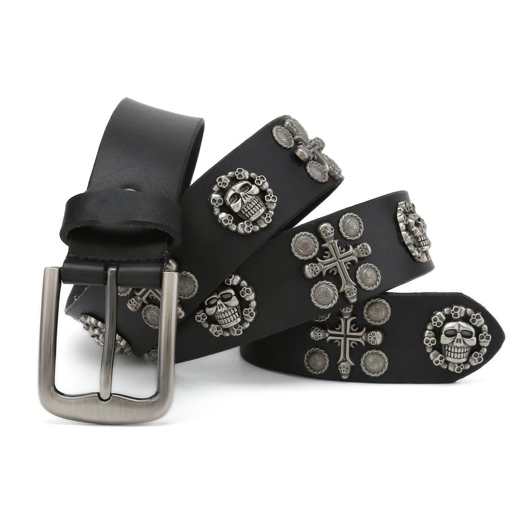 Heavy Metal Cowboy Punk Belt Genuine Leather Hip Hop Belts For Men Cross Rivet Jeans Belt Male Strap Ceinture Homme